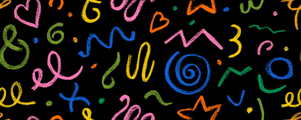 Seamless pattern charcoal colorful lines,   doodle  punk and  shapes. Hand drawn abstract scribbles and squiggles,  various shapes, pencil drawn icons. Scribbles, scrawls, stars, heart, curly lines.
