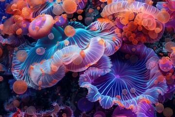 Explore the mystical and surreal underwater jellyfish wonderland in this vibrant and colorful digital art piece