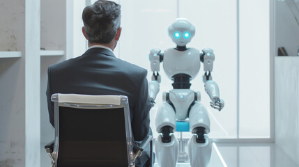 In the back, you can see a man in an elegant suit sitting in an armchair next to a modern cyborg robot.

