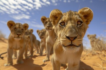 A group of young lion cubs explore the African savanna, their curious eyes scanning the landscape