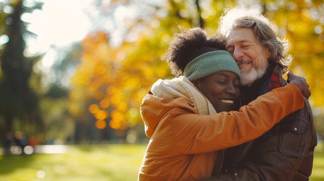 Smiling interracial couple embracing in a sunny park during autumn. Concept of love, diversity, happiness, and seasonal joy