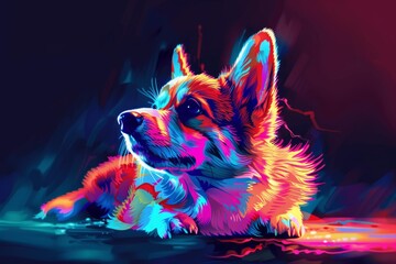 Fototapeta premium Vibrant and futuristic neonillustrated corgi digital artwork with colorful. Electric. And glowing design. Reflecting modern art and technology