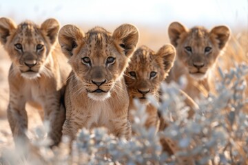 Obraz premium Four young lion cubs peek out from behind foliage in the African savanna, their curious eyes wide. The cubs have golden fur and dark face markings