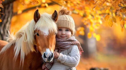 Toddler girl embracing a pony in autumn setting. Concept of child with animal, nature friendship, fall season, kid and little horse