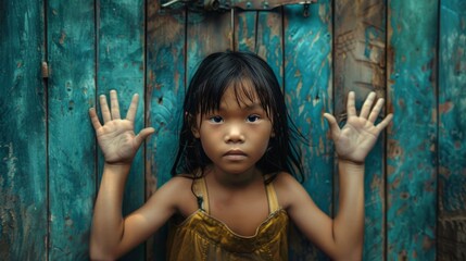 Naklejka premium Asian girl in golden dress against old blue doors, expressing curiosity and innocence