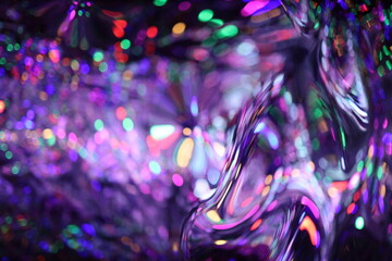 Abstract Glittered Textured Radial Foil Neon Light on Black Background, shapes of liquid chrome...