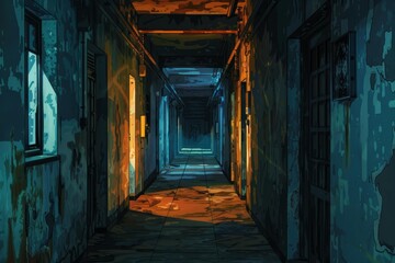 Obraz premium Digital art of a desolate corridor with moody, ominous lights