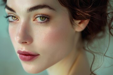 Fototapeta premium Captivating and serene beauty portrait of a young adult female with flawless skin and mesmerizing gaze in a closeup, minimalist makeup, shot in a studio by a talented photographer