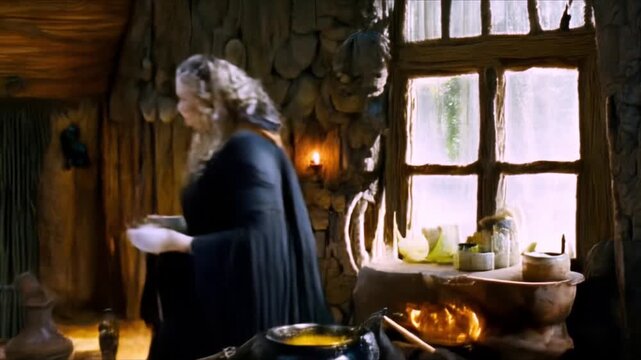 Witch brews potion in cauldron
