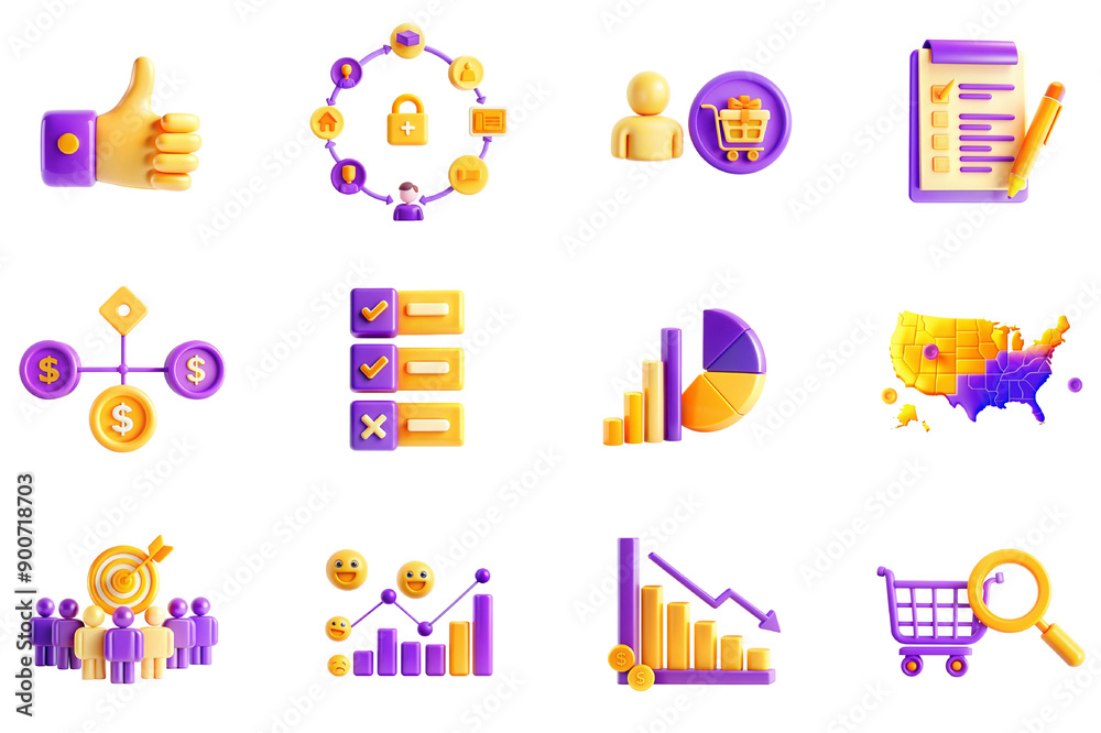 Wall mural market research concept of 3d icons set in modern web design. pack isolated objects of customer sati