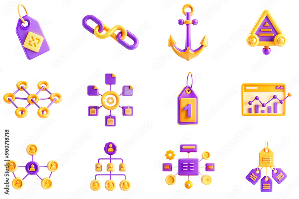 Wall mural seo analysis concept of 3d icons set in modern web design. pack isolated objects of tags, link, anch