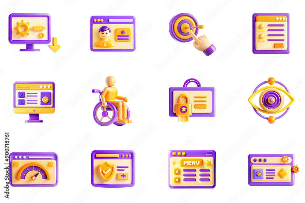 Poster Web design and development concept of 3D icons set in modern design. Pack isolated objects of customize, optimization, online profile, target, wireframe layout, accessibility and other illustrations.