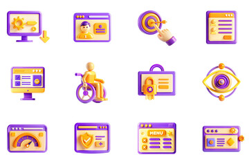 Web design and development concept of 3D icons set in modern design. Pack isolated objects of customize, optimization, online profile, target, wireframe layout, accessibility and other illustrations.