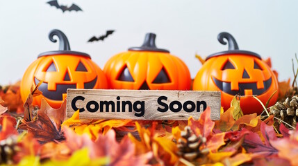 "Coming Soon" on a wooden sign with jack-o'-lanterns and bats. Concept of Halloween announcements and events, suitable for marketing and festive designs,