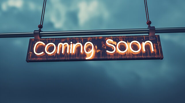 "Coming Soon" in neon letters on a hanging sign against a cloudy sky. Concept of upcoming events and announcements, suitable for marketing and promotional designs