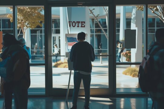 Image of a person in crutches standing in front of a voting center. Conceptualization of civic duty and participation. Suitable for political, social, and inspirational themes. Generative AI