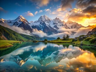 Serene Himalayan mountain lake at sunset, featuring a perfect mirror-like reflection of majestic snowy peaks, surrounded by lush green hills and misty fog.