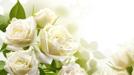 Obraz premium Elegant white roses in soft light with green leaves.