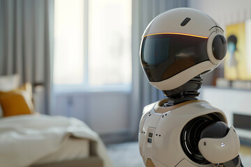 Fototapeta premium Robotic housekeeper in a stylish home setting, designed to showcase the seamless integration of advanced robotics into everyday domestic tasks. Ideal for promoting smart home solutions.