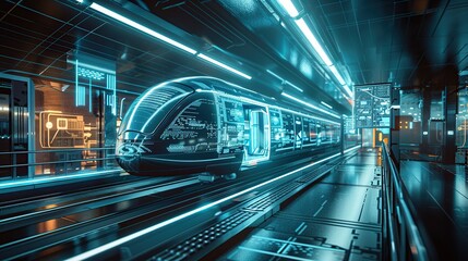 Fototapeta premium A futuristic hyperloop station with a high-speed pod arriving at the platform, surrounded by advanced infrastructure and digital displays