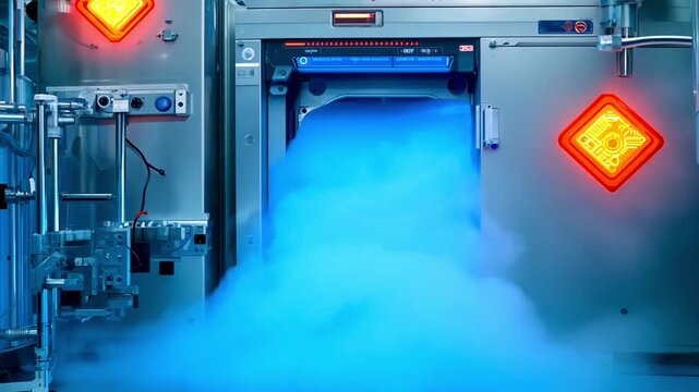 A factory with a lot of smoke and a yellow sign that says "Danger". Industrial plant for cryogenic freezing with ice steam. cryogenic tanks