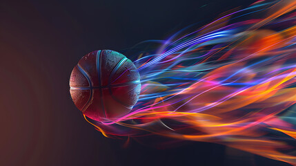 Dynamic EnergyA Spinning Basketball in Motion Against a Black CanvasRadiating Colorful Light Streaks and Capturing the Essence of Athleticism