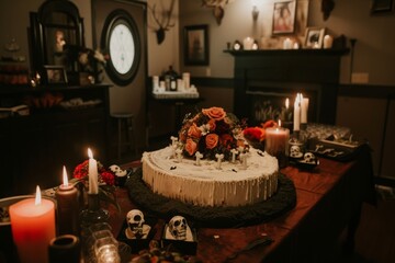 A white cake with orange roses sits on a table, surrounded by candles, a skull decoration, and a dark tablecloth. The cake is sitting in a dimly lit room