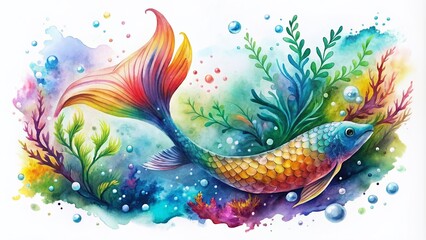 Obraz premium Vibrant watercolor illustration of a whimsical mermaid tail surrounded by colorful rainbow splashes, seaweed, and oceanic elements in soft, dreamy underwater scenery.