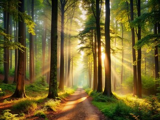 Fototapeta premium Majestic forest surrounded by towering trees in warm sunlight, casting dappled shadows on the winding, misty trail, evoking a sense of peace and tranquility.