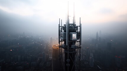 A high-altitude view of a 5G tower with antennas and equipment against a foggy, sprawling urban skyline.