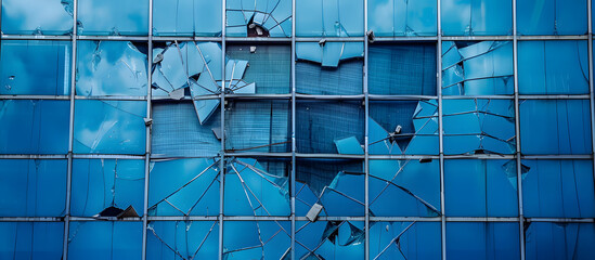 High-rise building with a shattered blue window set against a backdrop with abundant copy space image.