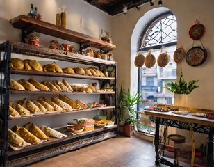  Cozy Argentinian shop with a traditional feel, wooden furniture, and empanadas being served  - traditional argentinian food snack