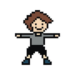 Fototapeta premium Cute pixel cartoon 8bit character man exercises training dance lifestyle music decoration life style 8 bit male boy dance with music game fitness isolated PNG vector.