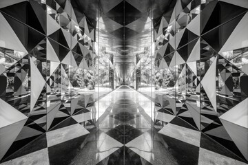 A black and white photograph of a long hallway with mirrored walls, creating a kaleidoscopic pattern of reflections