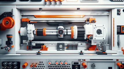 High detailed industrial machinery setup with gears, gauges, and mechanical parts in orange and silver colors for precision work.