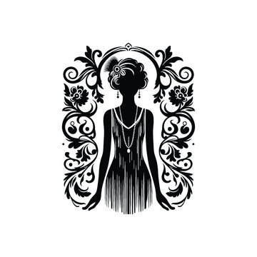 art deco flapper silhouette with floral frame