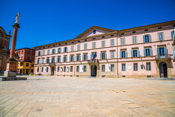 Fototapeta premium A view towards the northern side of the main square of the 20 September in Castel San Pietro Terme, Italy in summertime