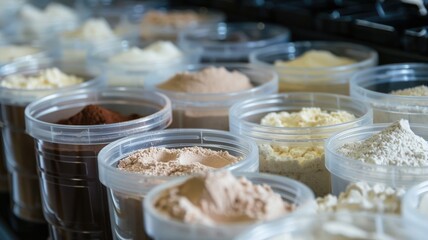 An array of protein powders presented in clear plastic cups, displaying different textures and shades.