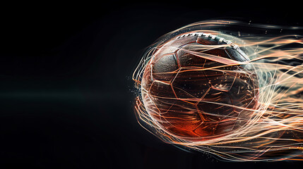 A Dynamic High-Resolution Image of a Spinning Football Mid-Air Against a Stark Black BackgroundCapturing MotionTextureand Excitement