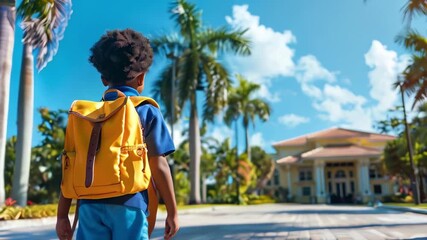 black boy with yellow backpack against palm trees background, on sunny day goes to school, concept of September 1, knowledge day, education