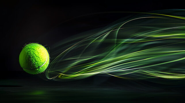 A Captivating High-Resolution Image of a Spinning Tennis Ball in Mid-Air Against a Black BackgroundHighlighting Its Vibrant Colors and Motion Blur Effects
