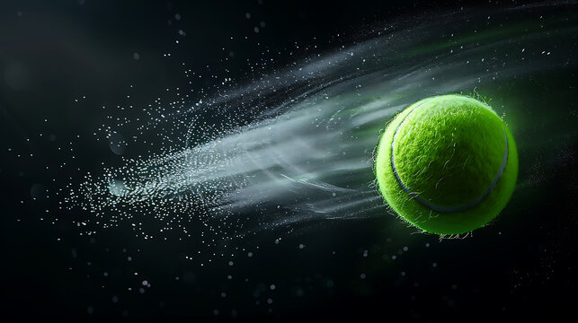 A Captivating High-Resolution Image of a Spinning Tennis Ball in Mid-Air Against a Black BackgroundHighlighting Its Vibrant Colors and Motion Blur Effects