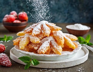 Polish chruściki (angel wings) crispy fried pastries dusted with powdered sugar - traditional polish sweets