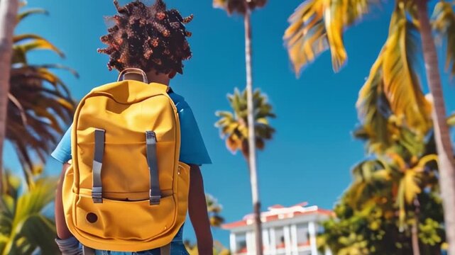 black boy with yellow backpack against palm trees background, on sunny day goes to school, concept of September 1, knowledge day, education