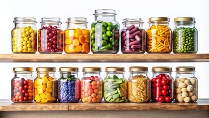 Assorted transparent glass jars filled with colorful vitamins and nutritional supplements in various shapes and sizes on a clean wooden shelf against a white background.