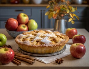 super realistic photo of a apple pie with apples all around in the kitchen - traditional polish apple pie . szarlotka