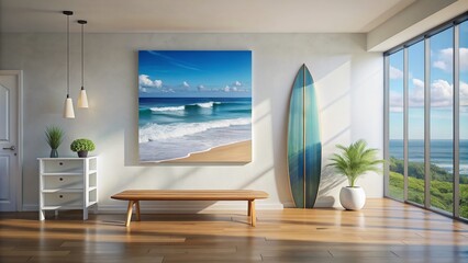 Minimalist beach house foyer features a sleek suspended surfboard rack, vibrant abstract coastal artwork, and a simple bench, exuding a serene ocean-inspired ambiance.