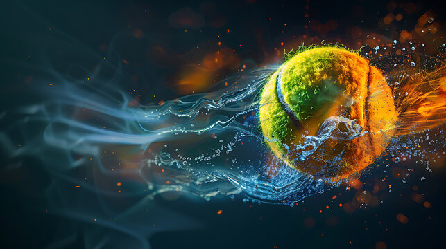 Dynamic Tennis ActionA Spinning Ball in Motion Against a Black Background