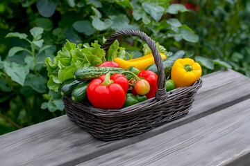 A wicker basket filled with vibrant vegetables including bell peppers, lettuce, cucumbers, and tomatoes, placed on a wooden table outdoors, emphasizing freshness and variety