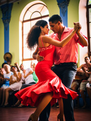 Couple dancing salsa in dance hall surrounded by an audience